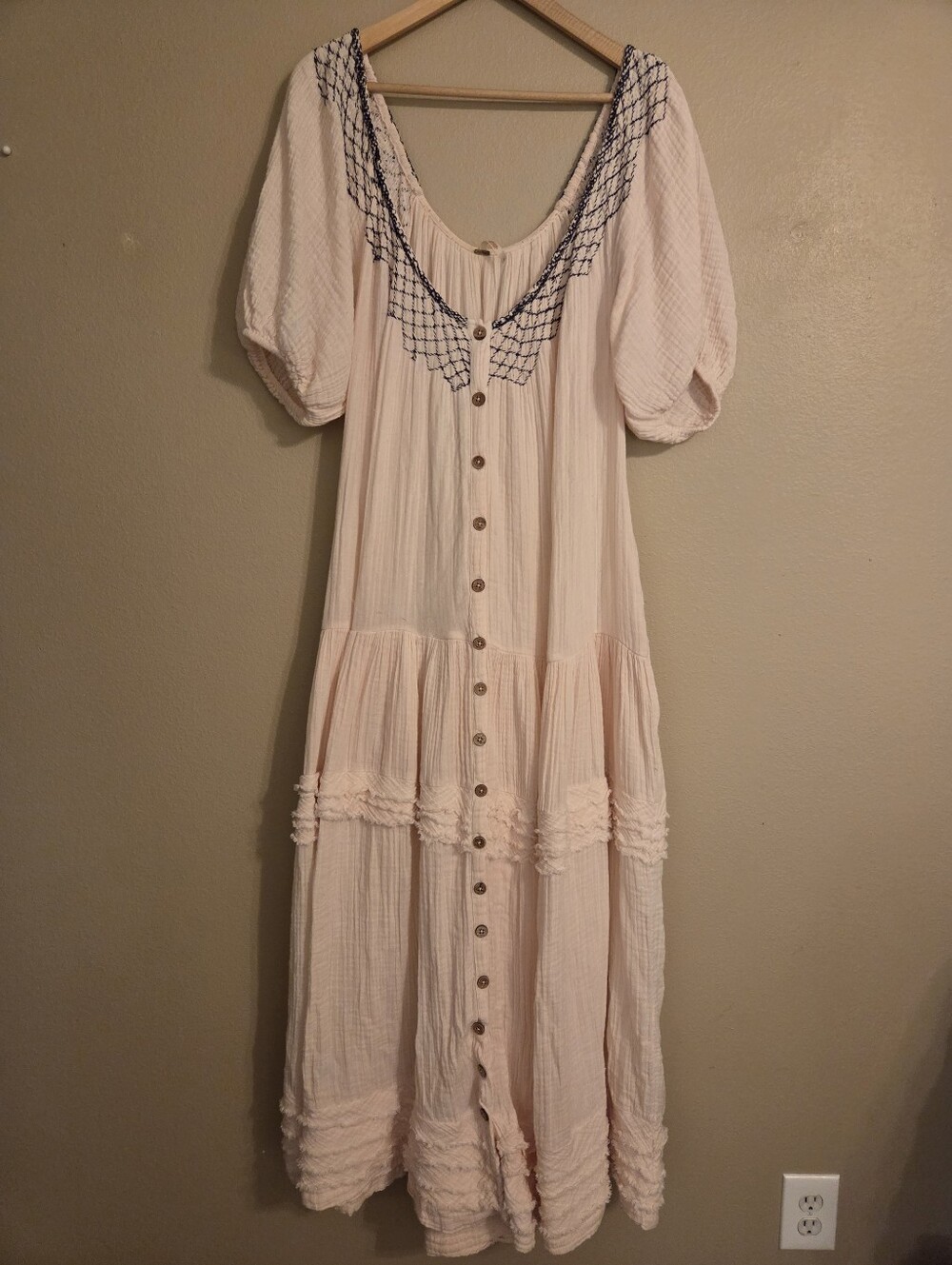 FREE PEOPLE Sunday Stroll Light Pink Smocked Embroidered Tiered Gauzy Maxi Dress - Picture 4 of 16